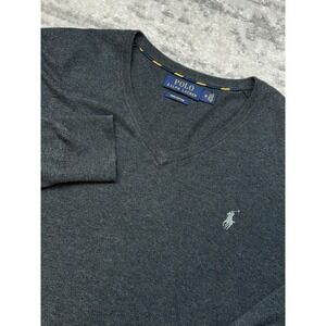 Polo Ralph Lauren Medium Gray Pullover Sweater V Neck Lightweight Pima Cotton